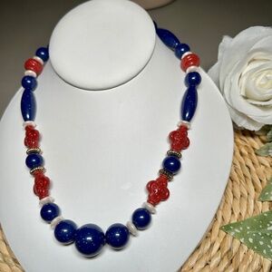 Avon's Arabesque vintage necklace, Red White and Blue Acrylic beaded Necklace